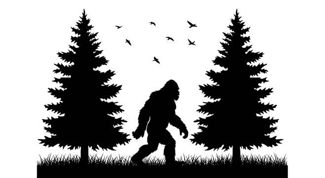 Bigfoot Sasquatch Silhouette Walking in Forest Pine Trees and Birds