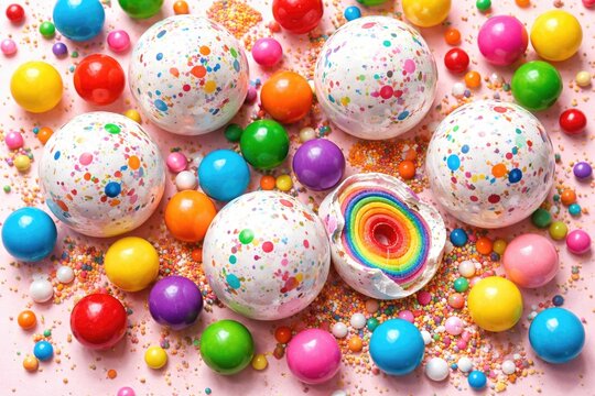 Lively selection of big jawbreaker candies paired with vivid gumballs shown in a dynamic flat lay over a soft pastel ground