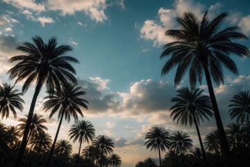 Fototapeta premium Lush date palm silhouettes under a crisp turquoise sky with drifting clouds creating calm vibes