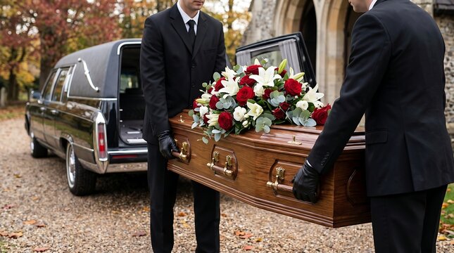Professional pallbearers carrying coffin with flowers from hearse