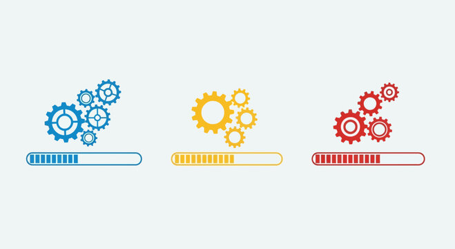 Industrial Process Loading Bars with Gear Icons in Three Colors