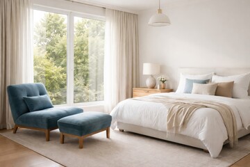Fototapeta premium Bright room with blue lounge chair wood nightstand and white bed near window