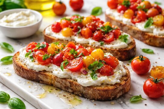 Elegant Italian bruschetta with rich stracciatella and vibrant tomato medley against white background