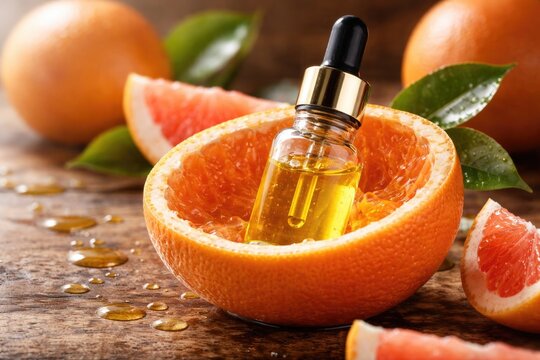 Isolated limonene terpene oils in grapefruit peels with textured surface and copy space
