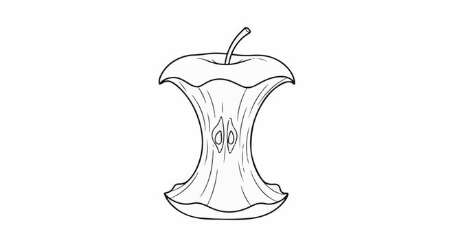 Minimalist line art of an apple core, showing seed cavities and stem