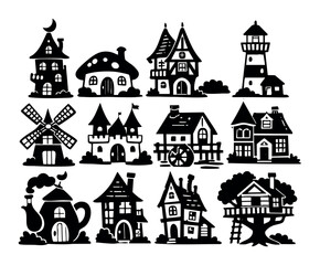 Fototapeta premium Set of various fantasy houses and buildings in silhouette, representing a magical and cozy fairytale village with unique architecture