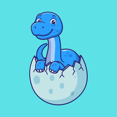 Cute Baby Blue Dinosaur Hatching from Spotted Eggshell, Adorable Brontosaurus Cartoon Vector Illustration for Kids and Nursery Decor © Rara