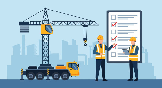 Construction Workers Reviewing Safety Checklist with Mobile Crane