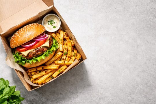 Above frame showing a vegan burger paired with seasoned fries in a meal box and blank copy space