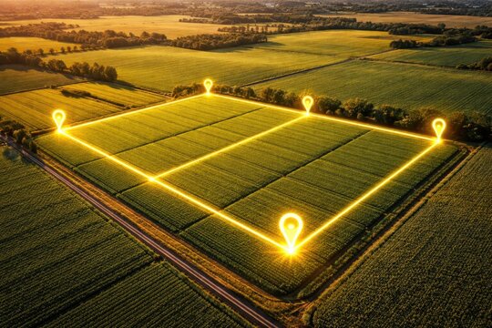 Birds eye view depicting a segmented green field with boundary markers for land investment and ownership