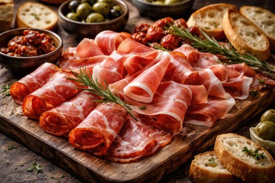 Charcuterie board with thin slices of prosciutto and capicola showcasing Italian cured meats