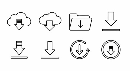 Fototapeta premium Collection of simple line icons depicting various download and cloud storage symbols