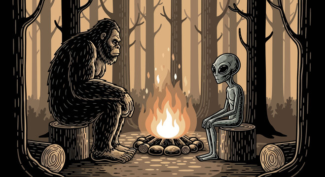 Sasquatch and Grey Alien Sitting Around a Forest Campfire