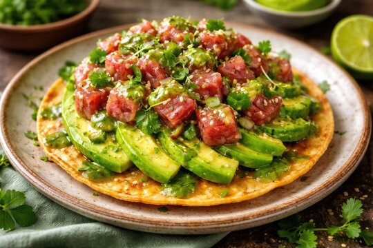Appetizing tuna tostada layered with ripe avocado and tangy cilantro dressing