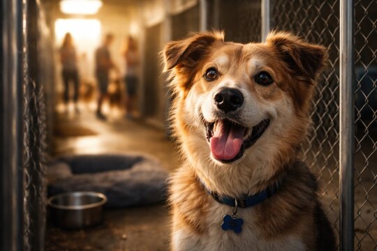 Excited dog waiting patiently for a new family at a public pet refuge
