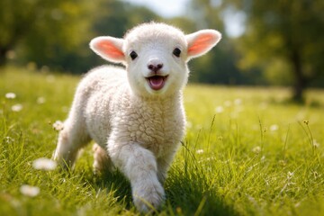 Obraz premium cheerful lamb exploring a lush grassy field on a bright day