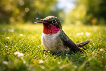 Obraz premium Cheerful pet hummingbird perched playfully on fresh green grass during a sunny summer day