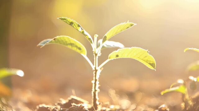 Tree seedlings grow in the ground to support the environment and enhance natural spaces in the early morning light