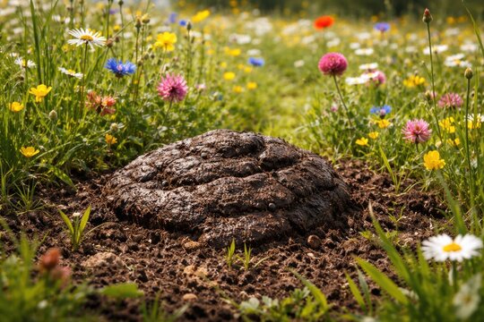 Healthy cow manure improving wildflower meadow soil