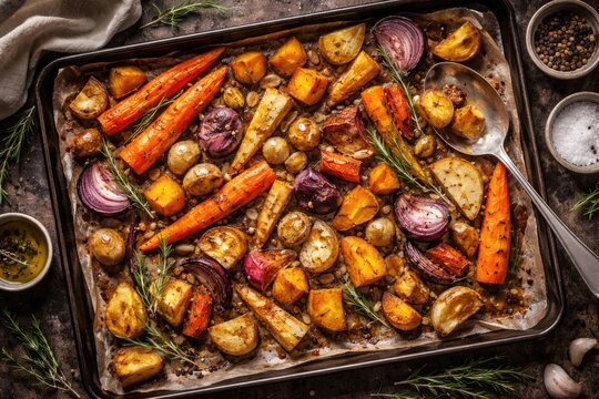 Flat lay of golden roasted root vegetables fresh from the oven