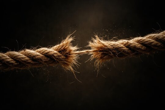 Close perspective of a rope threadwear showing imminent breakage against dark matte background