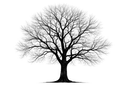 Dark leafless tree shape contrasted with an empty white background