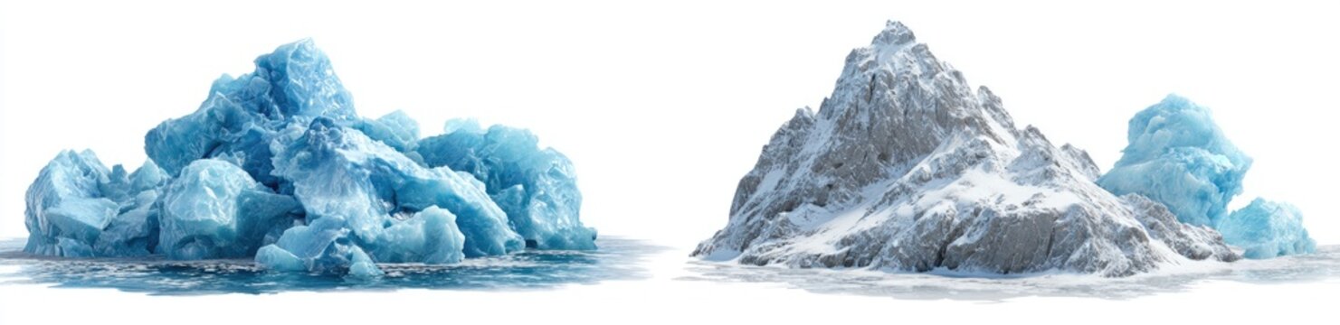 Two illustrations a blue iceberg formation and a snow-covered mountain