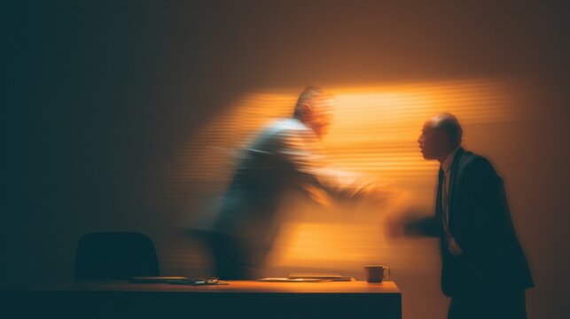 Blurred image of an angry confrontation between two people in office