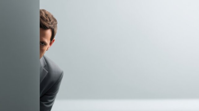 A man in a suit partially hiding behind a wall, peeking out with a watchful gaze