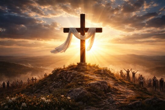 Christian spiritual icon of a cross on a hilltop celebrating the resurrection at Easter