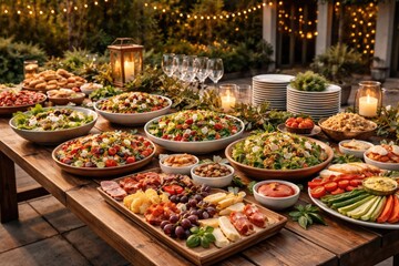 Fototapeta premium Holiday catering setup featuring wooden table full of salads snacks and glassware on outdoor patio