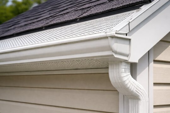 Close up of white gutter guard system with fascia and soffit on residential vinyl siding