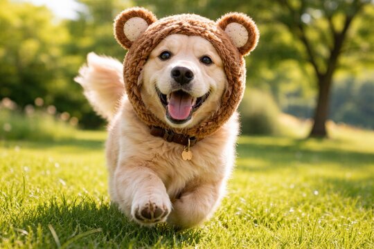 Delighted dog in a cute bear hat romping on a bright green grass lawn summer scene