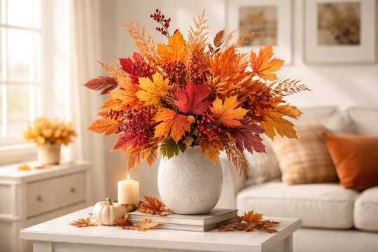 Decorative autumn leaf bouquet adding warmth to white room