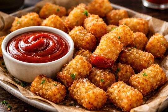Delicious crispy tater tots paired with smooth ketchup in bowl