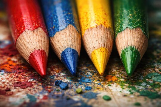 Extreme close up of four vivid artist pencils