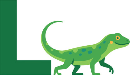 Fototapeta premium Green Lizard Walking Next To A Large Letter L Illustration