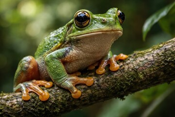 Fototapeta premium Detailed portrait of tree frog sitting on branch