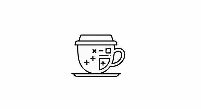 Outline of a coffee cup with a lid, decorated with mathematical symbols