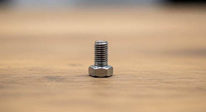 Single metallic hex bolt standing upright on a wooden surface