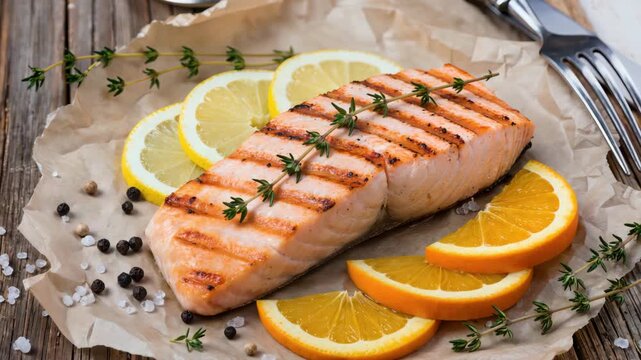 Grilled salmon fillet served with lemon slices, herbs, and spices on rustic paper. Fresh ingredients and careful presentation highlight healthy seafood food and gourmet cooking concept.