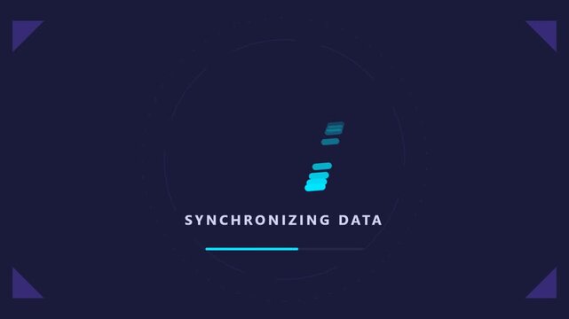 Abstract animation showing data synchronization with a digital progress bar on a dark blue background