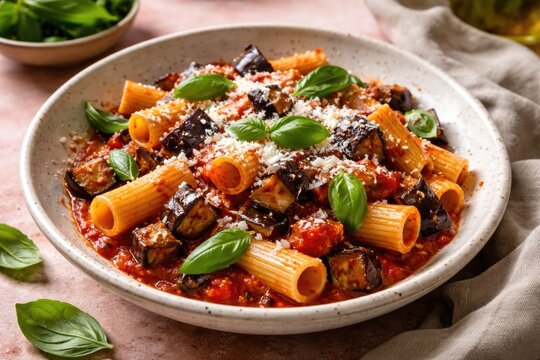 Delicious pasta alla Norma prepared with eggplant tomato sauce, basil leaves, and sprinkled ricotta salata cheese on a pink and beige textured table.