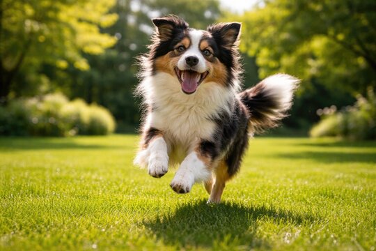 Energetic full length pet frolicking on vibrant green lawn during summer day