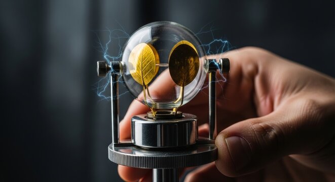 Hand Holds Charged Electroscope with Gold Leaves Demonstrating Electricity