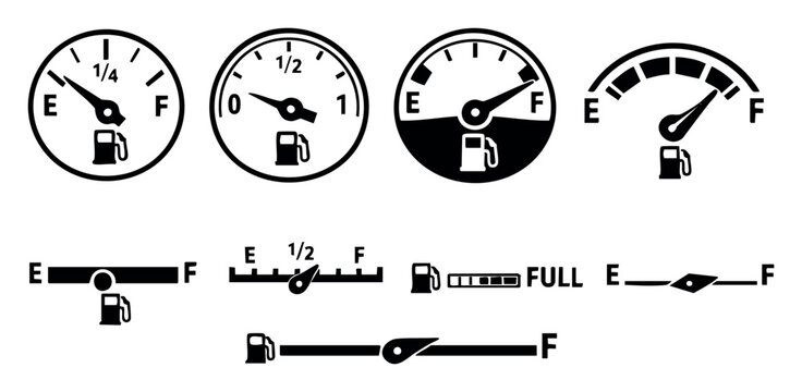 Fuel level indicators for automobile dashboards, depicting different designs and gas tank quantities from empty to full
