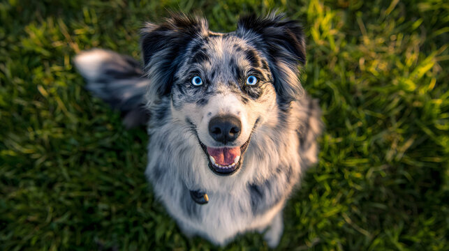 blue merle border collie dog with bright blue eyes looking up on green grass