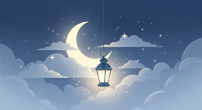 Vector illustration of a crescent moon in a dark blue night sky with fluffy clouds, sparkling stars, and a blue vintage lantern hanging in the center with a warm glowing light.