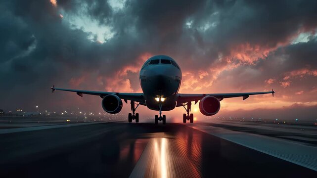 Passenger airplane taxiing on runway at sunset with dramatic clouds in the sky and bright lights in the distance
