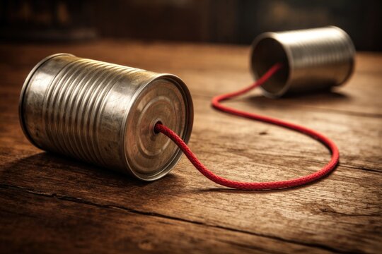 Old fashioned cup phone featuring red string representing interactive communication between sender and receiver